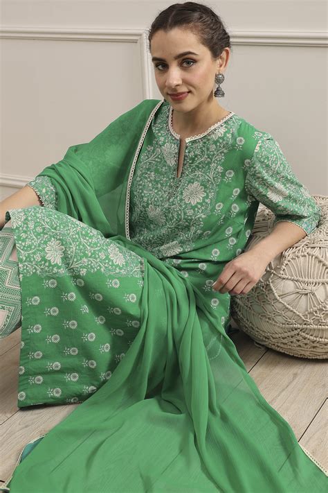 Buy Sea Green Cotton Printed A-Line Suit Set Online at Biba India