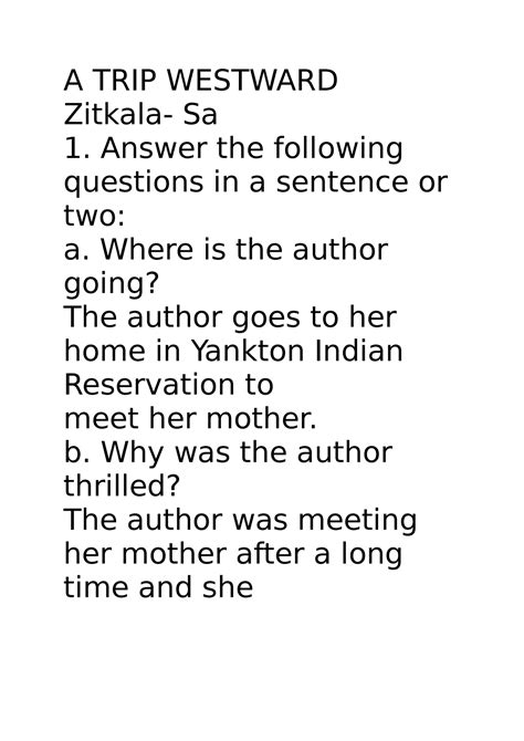 A TRIP Westward - A TRIP WESTWARD Zitkala- Sa 1. Answer the following ...