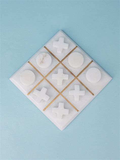 White Marble Tic Tac Toe with Brass Inlay Partitions
