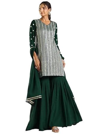 Buy Janasya Women's Bottle Green Georgette Sequined Straight Kurta with ...