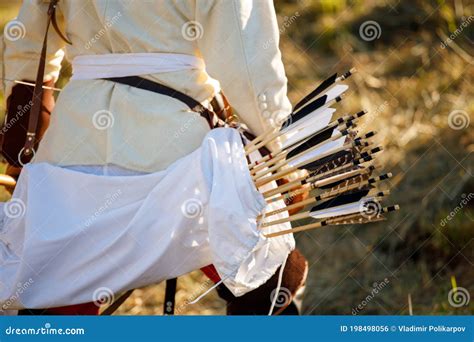 Medieval Archer with a Quiver of Arrows in Nature. Back View Stock ...