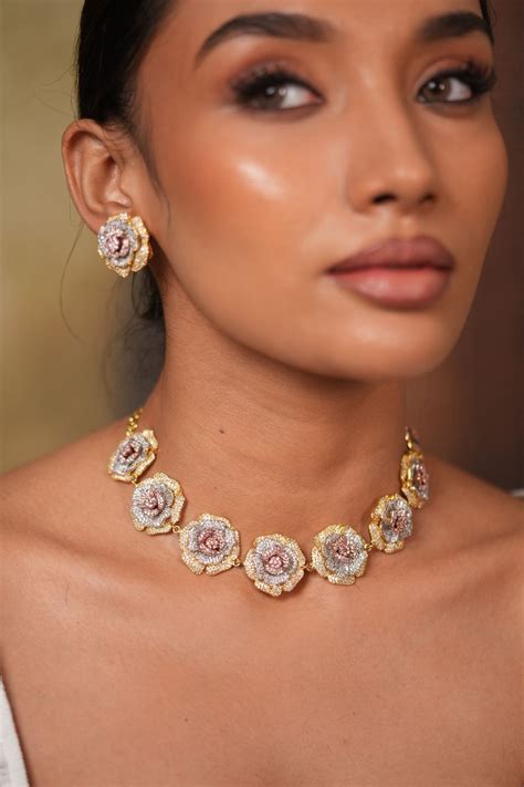 Tri Polish Rose Diamond Choker | Necklace Set