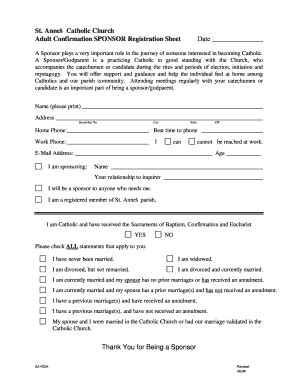 Fillable Online Confirmation Sponsor Form - Saint Anne's Parish Fax ...