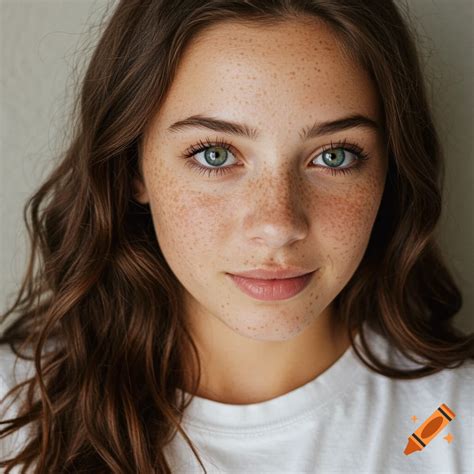 Person with freckles, brown hair, and green eyes on Craiyon