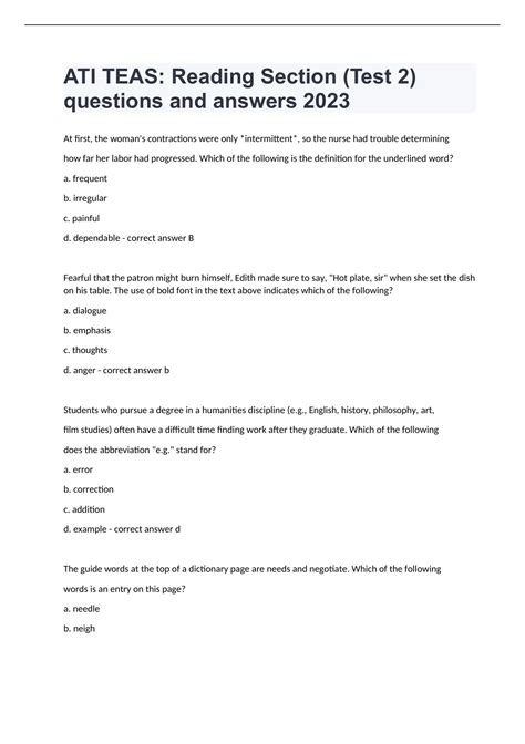 ATI TEAS: Reading Section (Test 2) questions and answers 2023 - ATI ...