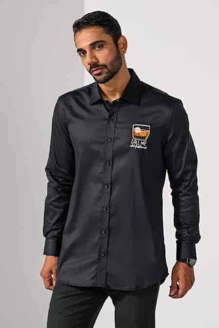 Buy Black Cotton Embroidery Whiskey On The Rocks Hand Shirt For Men by ...