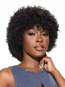 Krullende pruiken met pony Afro Kinky Curly Big Bouncy Short Human Hair ...