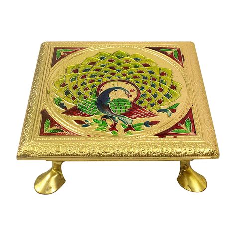 Spillbox Wooden Golden Mukali Stool Peeta chowki Bajot with Meenakari ...