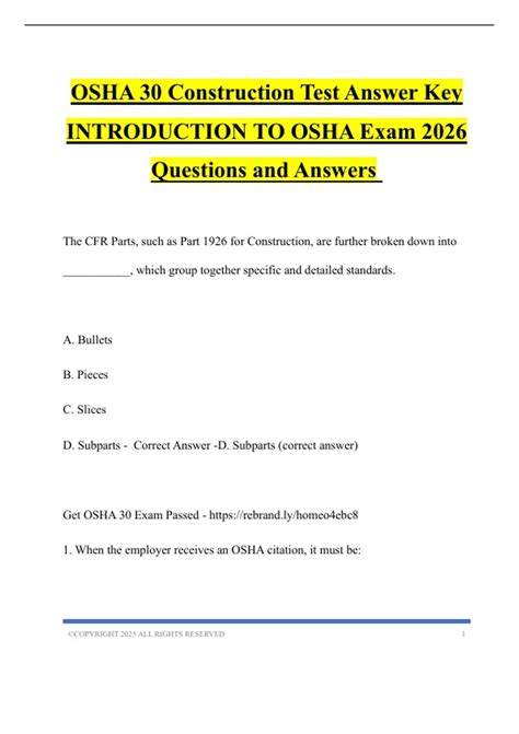 OSHA 30 Construction Test Answer Key INTRODUCTION TO OSHA Exam 2026 ...