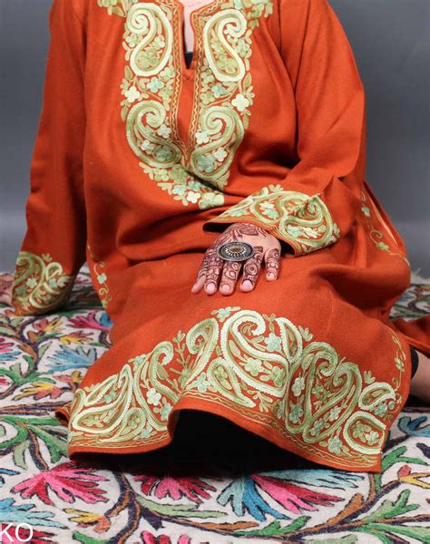 Orange Badam Design Aari Embroidered Phiran – Kashmir origin