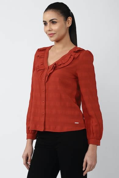 Buy Women Red Textured Casual V-Neck Top Online - 771924 | Van Heusen