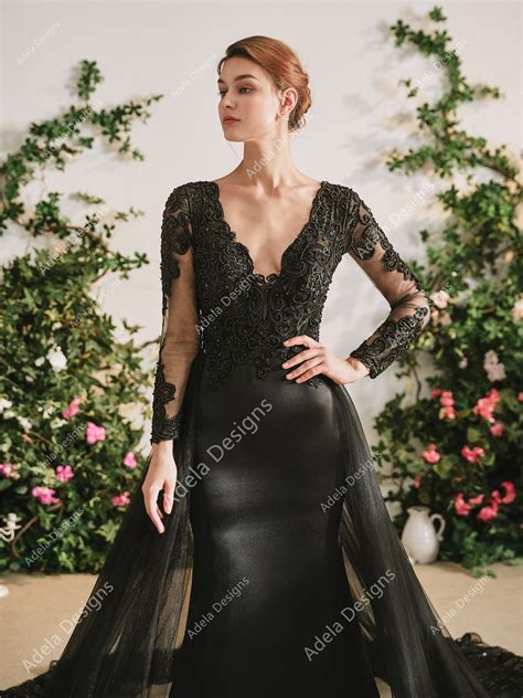 Black Mermaid Gothic Wedding Dress With Detachable Train – Adela Designs