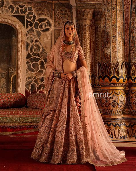 Dusty Rose with Gold Embellishments and Sheer Dupatta Bridal Lehenga C ...