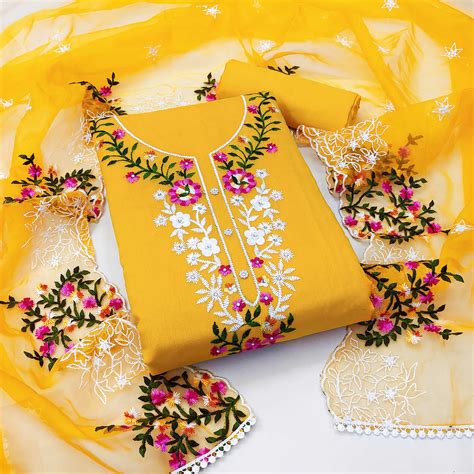 Yellow Floral Embroidered Chanderi Dress Material