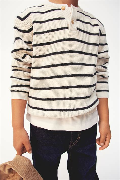 Waffle-knit Henley Sweater - Cream/striped - Kids | H&M US