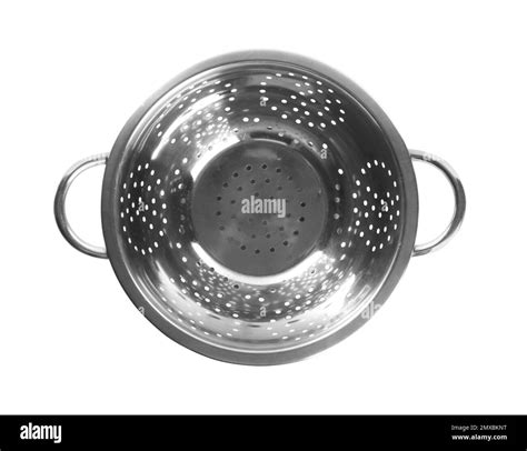 New shiny colander isolated on white, top view. Cooking utensil Stock ...