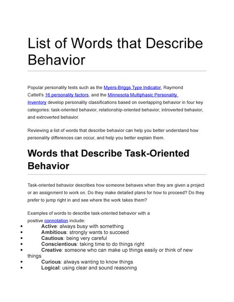 List of Words that Describe Behavior - List of Words that Describe ...