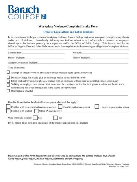 Fillable Online Workplace Violence Complaint Intake Form Fax Email ...