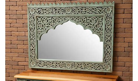 Indo‑Moroccan Carved Mango Wood Wall Mirror — Vintage Green Patina, 11 ...