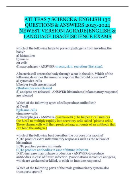 ATI TEAS 7 SCIENCE & ENGLISH 130 QUESTIONS & ANSWERS NEWEST VERSION ...