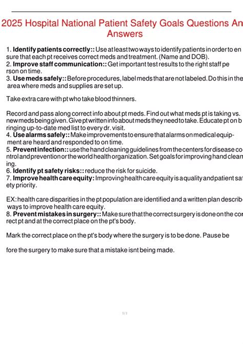 2025 Hospital National Patient Safety Goals Questions And Answers ...