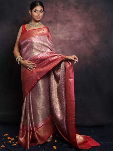 Banarasee Handwoven Broad Border Zari Jaal Design Tissue Saree-Pink
