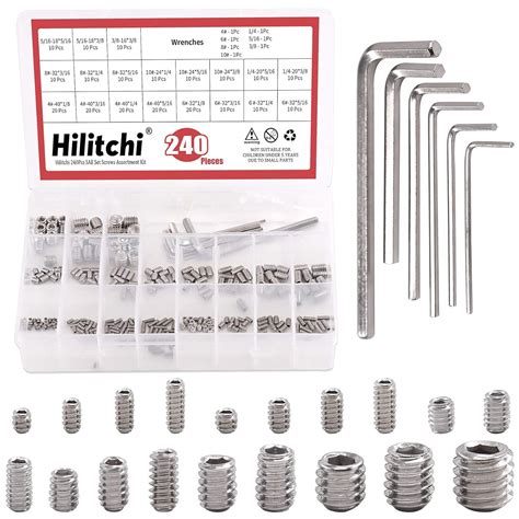 Hilitchi 240Pcs 19Sizes SAE Stainless Hex Allen Head Socket Set Screws ...