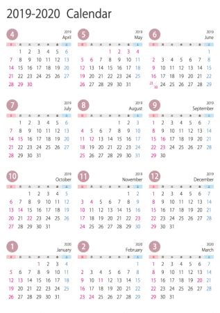[4月始まり]2019年4月～2020年3月の年間カレンダー | イラスト無料・かわいいテンプレート
