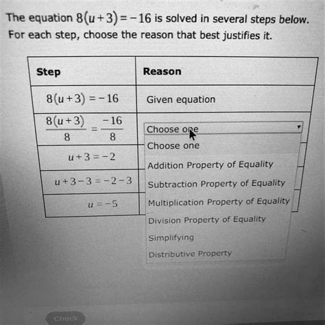 SOLVED: PLEASE HELP! The equation 8(u + 3) = -16 is solved in several ...