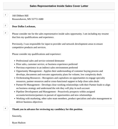 Sales Representative Inside Sales Cover Letter | Velvet Jobs