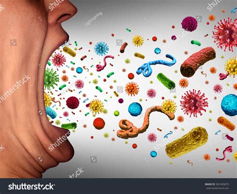 Human Disease Spreading As Microscopic Pathogens Are Being Spread Through An Open Mouth That Is ...