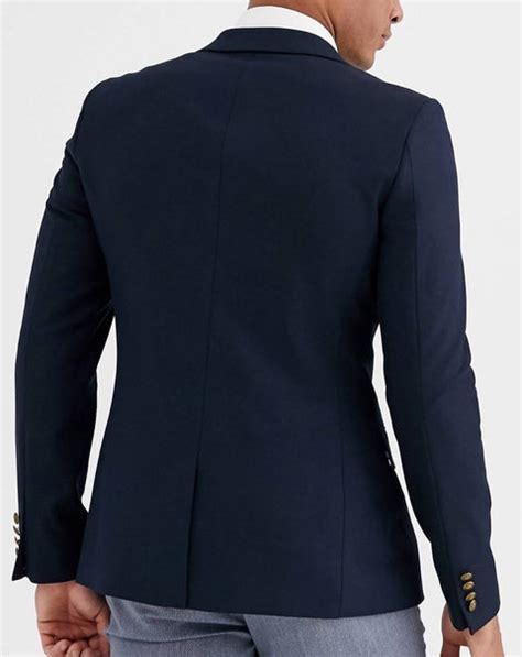 Navy skinny double breasted blazer with gold button in navy – Tumuh