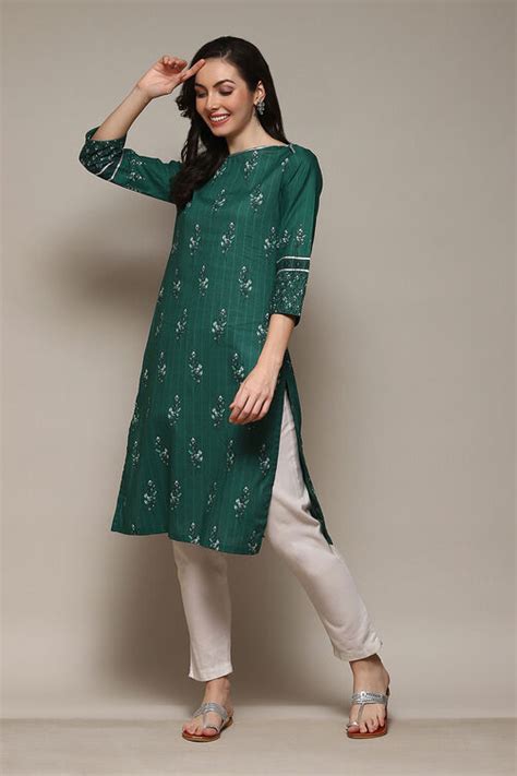 Green Cotton Straight Printed Kurta at Biba India