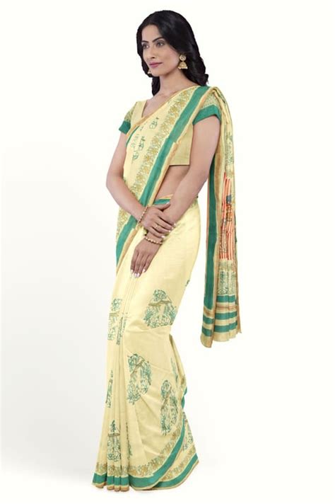 Light Yellow Hand Block Printed Maheshwari Saree