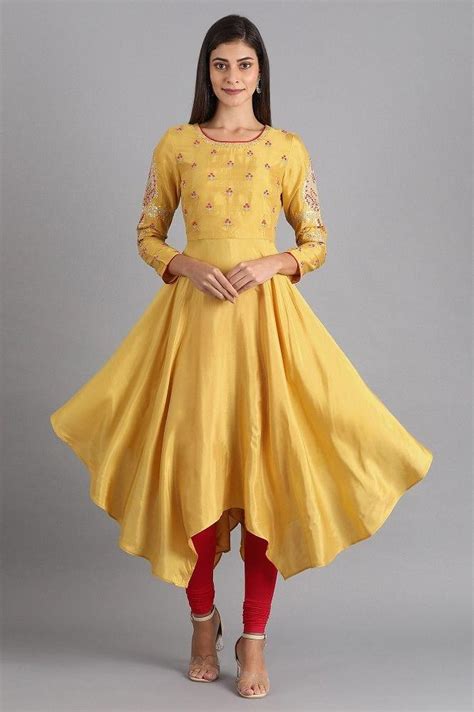 Buy Yellow Round Neck Asymmetrical Hem kurta @ 3999 | W for woman ...