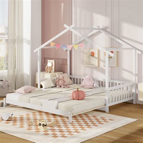 COSTWAY Wooden Kids Bed Frame, Single to Double House Daybed with ...
