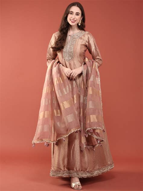 Neerus Pink Ethnic Embroidered Banarasi Anarkali Suit Set - Anarkali ...
