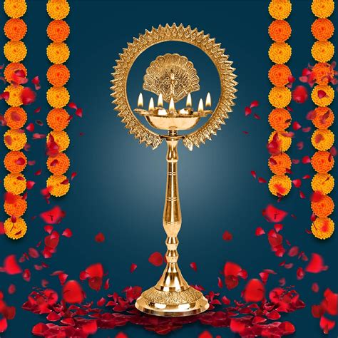 Buy INDIAN ART VILLA Brass Standing Pillar Diya with Kerala Mor Kiran 3 ...
