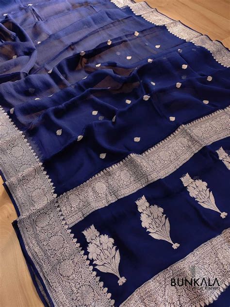 Shop Dark Blue Pure Chiffon Silver Zari Buti Handloom Banarasi Saree ...