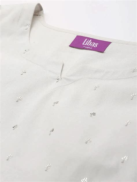 Buy Off-White Mirror Work Cotton A-Line Kurti With Palazzos Online at ...