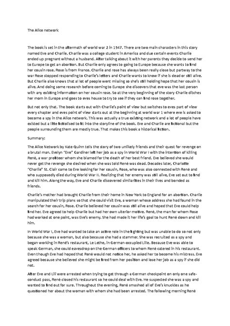 The Alice network summary - The Alice network The book is set in the ...
