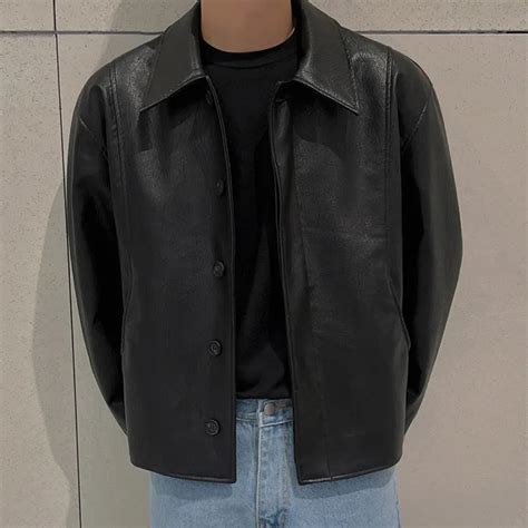 Men’s Cropped Faux Leather Jacket – Minimal Korean Streetwear Black Ja ...