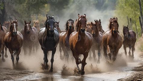 Running herd of horses graze in meadow generated by AI 24713969 Stock ...