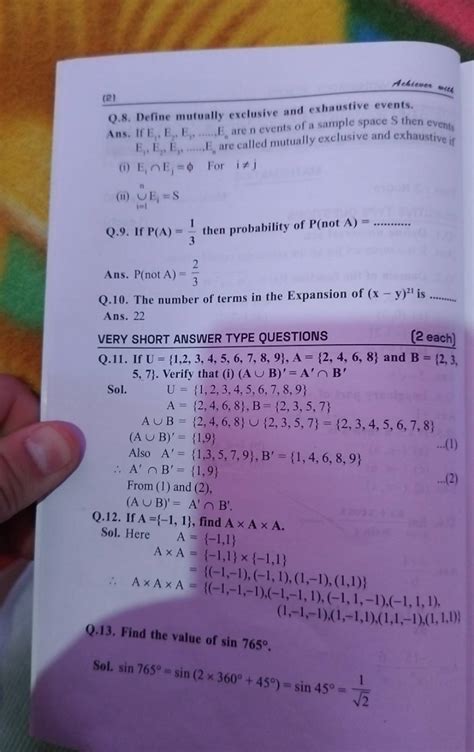 (2) Achlever ous Q.8. Define mutually exclusive and exhaustive events. A..