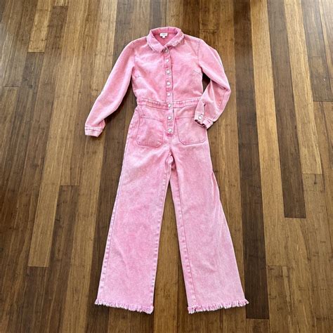 Umgee USA Pink Denim Jumpsuit Mid button down wide... - Depop