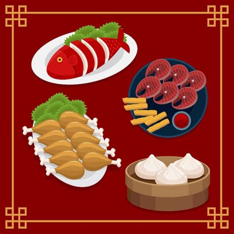 Flat chinese new year reunion dinner food collection | Free Vector