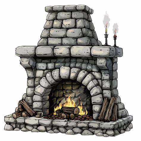 A drawing of a stone fireplace with a fire place in the middle ...