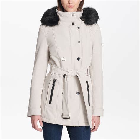 Andrew Marc Women's Softshell Jacket with Faux Fur Trim Hood in Oyster ...