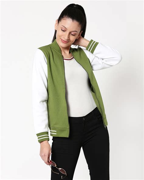 Buy Women's Green & White Color Block Varsity Bomber Jacket Online at ...