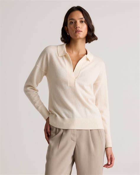 Women's Mongolian Cashmere Polo Sweater in Ivory